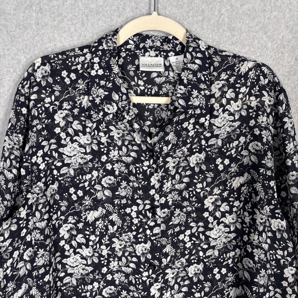 Vintage Sheer Floral Button Tunic Blouse 14 Black White Dark Romantic Feminine